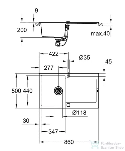 Grohe K500 KOMPOZIT MOSOGATÓTÁLCA CSEPEGTETŐVEL gránit fekete 31644AP0