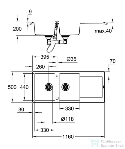 Grohe K500 KOMPOZIT MOSOGATÓTÁLCA CSEPEGTETŐVEL gránit fekete 31647AP0