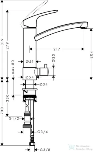 Hansgrohe Focus E2 egykaros konyhai csaptelep DN15 elzárószeleppel, króm 31803000