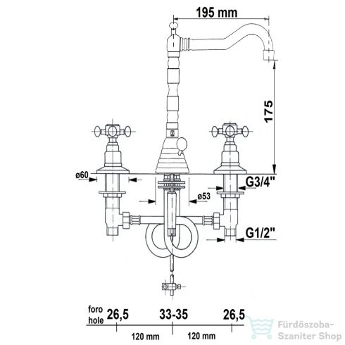 Sapho REITANO ANTEA 3 részes mosdócsaptelep, retró kifolyóval, automata leeresztővel nikkel 3228