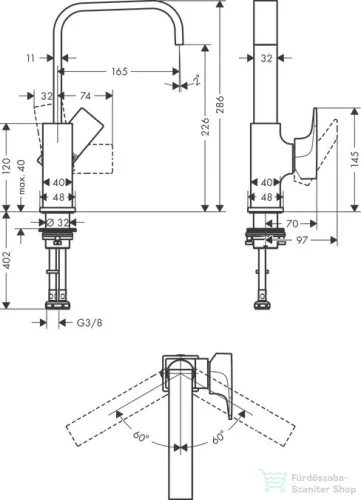 Hansgrohe METROPOL egykaros mosdócsaptelep, hosszított kifolyóval, normál fogantyú Push-Open lefolyóval króm 32511000