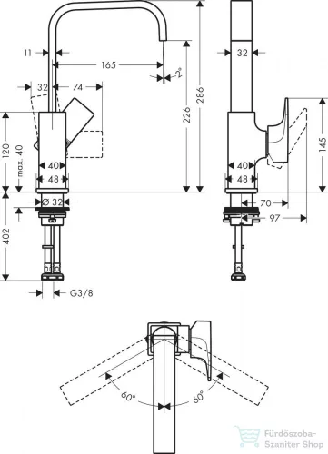 Hansgrohe METROPOL 230 magas mosdó csaptelep klik-klak leeresztővel, szálcsiszolt fekete/króm 32511340