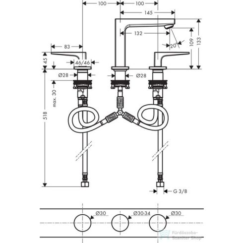 Hansgrohe METROPOL 3-lyukú mosdó csaptelep 110, normál fogantyú, klik-klak leeresztővel, króm 32514000