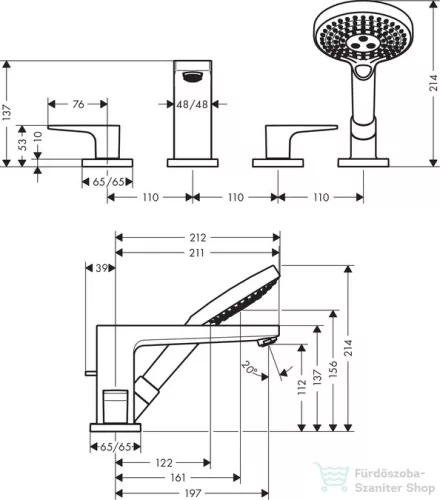 Hansgrohe METROPOL 4-lyukú, egykaros kádcsaptelep, peremre építhető, Secuflex-vel normál fogantyú, króm 32552000