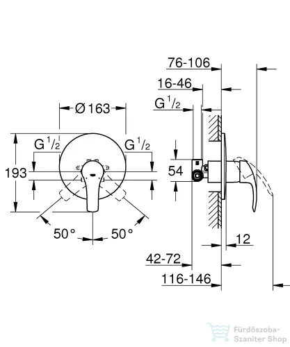 Grohe Eurosmart falsík alatti kád/zuhany csaptelep belső egységgel,Króm 33556002