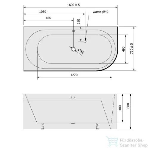 Sapho POLYSAN ASTRA L MONOLITH asszimetrikus kád, 160x75x60cm (33611M)