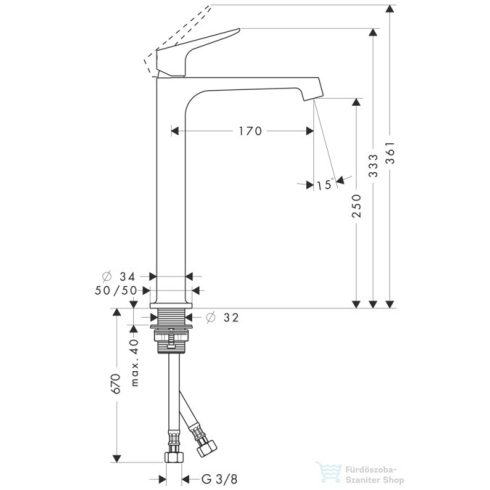 Hansgrohe AXOR CITTERIO M 250 magasított mosdó csaptelep nem zárható leeresztővel,króm 34127000
