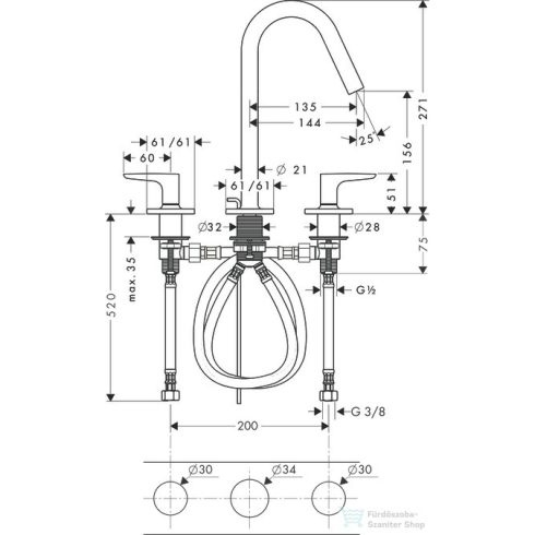 Hansgrohe AXOR CITTERIO M 3-lyukú mosdó csaptelep takarórozettákkal és rövid kifolyóval DN15, automata leeresztővel, króm 34133000