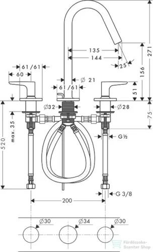 Hansgrohe AXOR CITTERIO M 3-lyukú mosdó csaptelep takarórozettákkal és rövid kifolyóval DN15, automata leeresztővel, króm 34133000