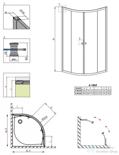 Radaway Projecta A 90x90 íves zuhanykabin, króm/átlátszó