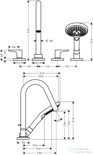 Hansgrohe AX CITTERIO 4-lyukú, épített peremre szerelhető kádcsaptelep, króm 34454000