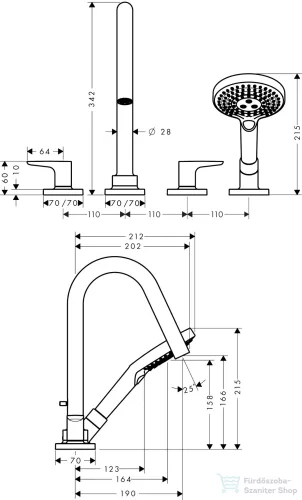 Hansgrohe AXOR CITTERIO M 4 üléses épített peremre szerelhető kádtöltő csaptelep,szálcsiszolt arany hatású 34454250
