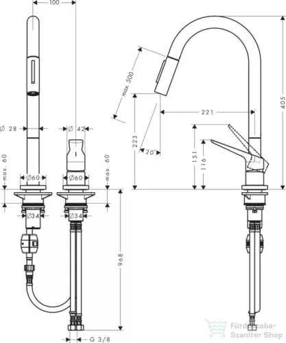 Hansgrohe AX Citterio M 2 üléses mosogató csaptelep kihúzható zuhanyfejjel, DN15, szálcsiszolt bronz 34822140