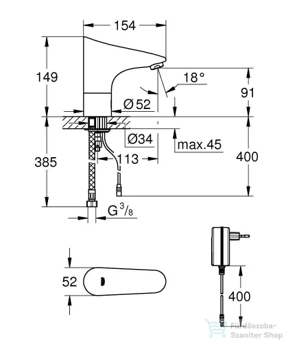 Grohe Europlus E elektromos mosdó csaptelep keverőegység nélkül,230V,Króm 36016001