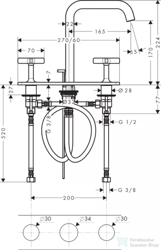Hansgrohe AXOR CITTERIO E 3 üléses mosdó csaptelep automata leeresztővel,szálcsiszolt sárgaréz hatású 36116950