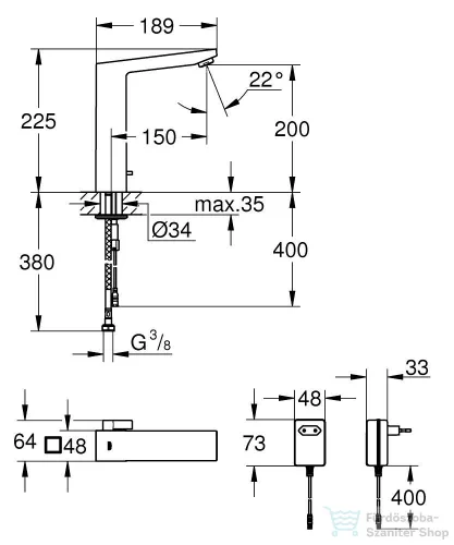 Grohe EUROCUBE E elektromos mosdócsaptelep 1/2″, keverőegységgel,állítható hőmérséklet korlátozóval,230V Króm 36440000
