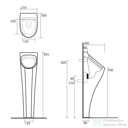 Sapho KERASAN AQUATECH piszoár 21x92,5x30 cm, szifonnal és szerelőcsomagal 373001