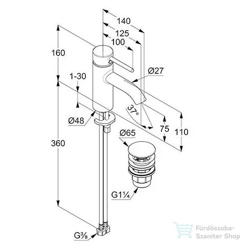 Kludi BOZZ egykaros mosdó csaptelep, PUSH-OPEN leeresztővel, szálcsiszolt arany 38266N076