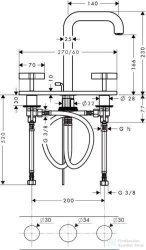 Hansgrohe AXOR CITTERIO 3 üléses mosdó csaptelep automata leeresztővel,rozsdamentes acél hatású 39134800