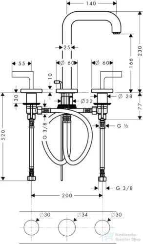 Hansgrohe AXOR CITTERIO 3 üléses mosdó csaptelep automata leeresztővel,polírozott vörös arany hatású 39135300