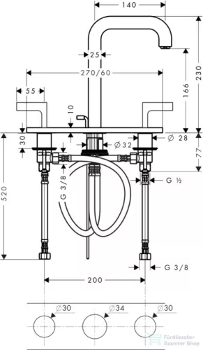 Hansgrohe AXOR CITTERIO 3 üléses mosdó csaptelep dekorlappal,automata leeresztővel,szálcsiszolt nikkel 39136820