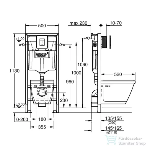 Grohe Solido Perfect falra szerelhető WC szett, mélyöblítésű WC soft close ülőkével, Skate Cosmopolitan króm nyomólappal 39186000