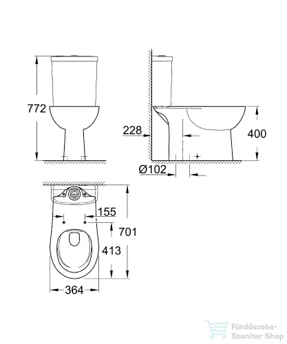 Grohe Bau Ceramic perem nélküli,alsó kifolyású monoblokkos wc,fehér 39429000