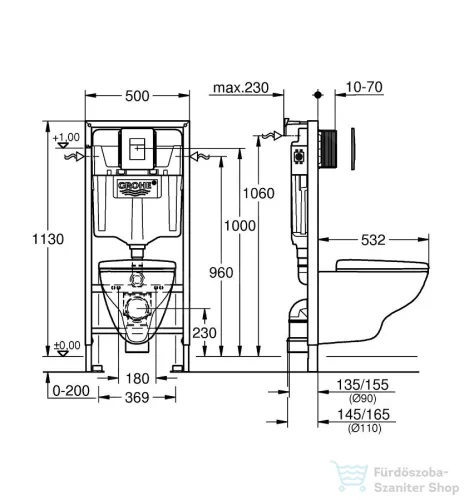 Grohe Solido falra szerelhető WC szett, mélyöblítésű WC soft close ülőkével, Even króm nyomólappal 39467000