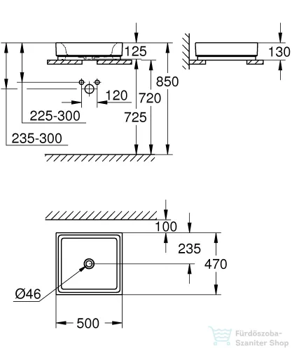 Grohe CUBE CERAMIC 50x47 cm-es pultra ültethető mosdó csaplyuk és túlfolyó nélkül,fehér 3948100H