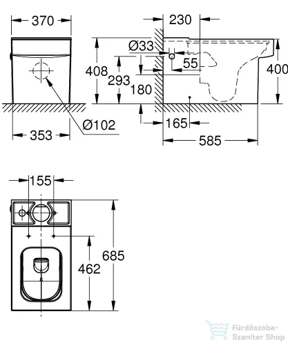 Grohe Bau Ceramic perem nélküli Vario kifolyós monoblokkos wc tartály és ülőke nélkül,fehér 3948400H
