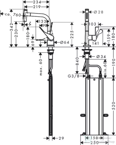 Hansgrohe AXOR CITTERIO Select S-Box egykaros konyhai csaptelep kihúzható zuhanyfejjel,2 jet, szálcsiszolt fekete króm 39862340