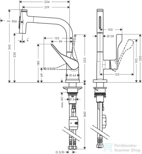 Hansgrohe AXOR CITTERIO Select 230 egykaros mosogató csaptelep kihúzható zuhanyfejjel,2 jet, matt fekete 39863670