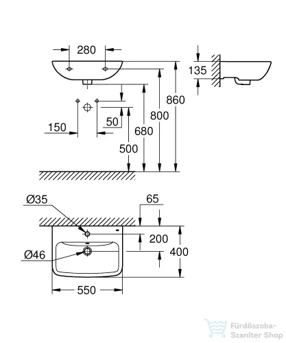 Grohe START EDGE 55x40 cm-es fali mosdó,fehér 39949000