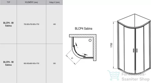 Ravak BLIX BLCP4-80 Sabina 80x80x175 cm-es negyedköríves tolóajtós zuhanykabin,Króm+Transparent 3B240C40Z1