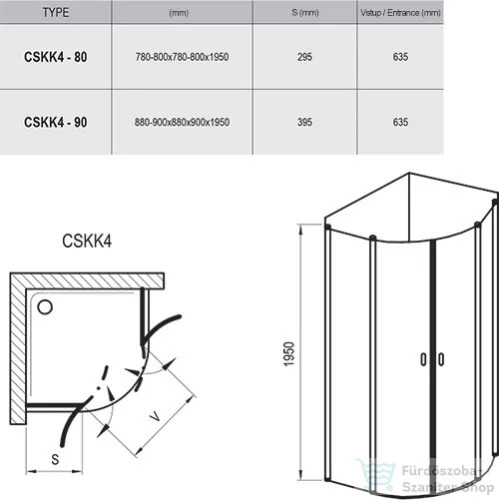 Ravak CHROME CSKK4-80 80x80x195 cm-es íves zuhanykabin nyíló ajtóval,Szatén+Transparent,3Q140U00Z1