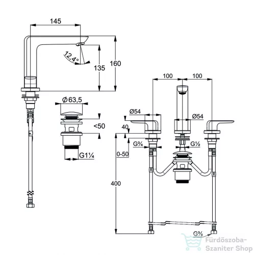 Kludi AMEO háromlyukas szerelésű mosdó csaptelep, automata leeresztővel, króm 413930575