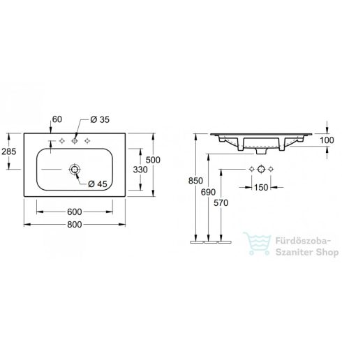 Villeroy & Boch Finion 80x50 beépíthető mosdó 1 csaplyukkal, Ceramic Plus bevonat 4164 81 R1 ( 416481R1 )