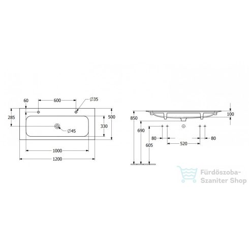 Villeroy & Boch Finion 120x50 beépíthető mosdó 2 csaplyukkal, Ceramic Plus bevonat 4164 C1 R1 ( 4164C1R1 )
