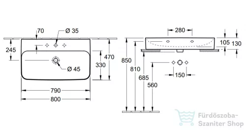 Villeroy & Boch Finion 80x47 mosdó, 1 csaplyukkal, csiszolt alsó felülettel, CeramicPlus bevonattal 4168 8L R1 ( 41688LR1 )