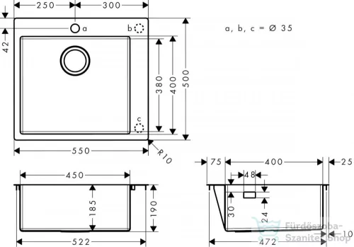 Hansgrohe S71 S711-F450 beépített mosogatómedence 550x500 mm, rozsdamentes acél 43301800