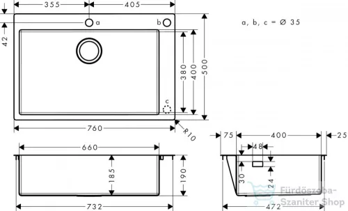 Hansgrohe S71 S712-F660 beépített mosogatómedence 760x500 mm, rozsdamentes acél 43308800