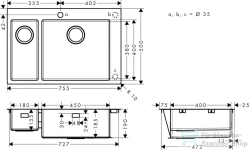 Hansgrohe S71 S711-F655 beépített kétmedencés mosogatómedence 755x500 mm, rozsdamentes acél 43309800