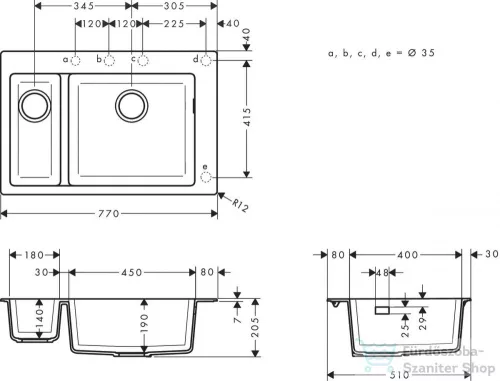 Hansgrohe S51 S510-F635 beépített mosogató két medencével 180/450, kőszürke 43315290