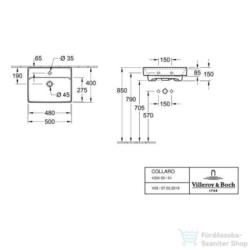 Villeroy & Boch Collaro 50x40 cm-es mosdó 1 csaplyukkal, csiszolt aljú, ceramicPlus felülettel 4334 5G R1 ( 43345GR1 )