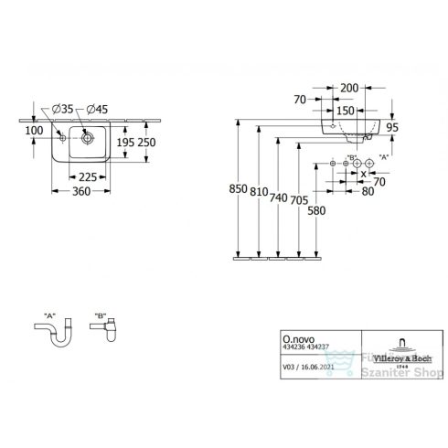 Villeroy & Boch O.Novo 36x25 cm-es kompakt kézmosó, jobbos 4342 36 01 ( 43423601 )