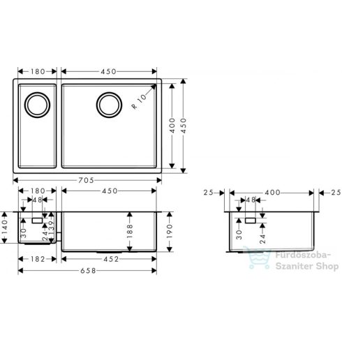 Hansgrohe S71 S719-U655 munkalap alá rögzített mosogatómedence 705x450 mm, rozsdamentes acél 43429800