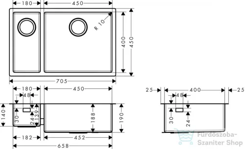 Hansgrohe S71 S719-U655 munkalap alá rögzített mosogatómedence 705x450 mm, rozsdamentes acél 43429800