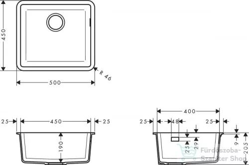 Hansgrohe S51 S510-U450 munkalap alá rögzített egymedencés mosogató medence 500x450 mm,betonszürke 43431380