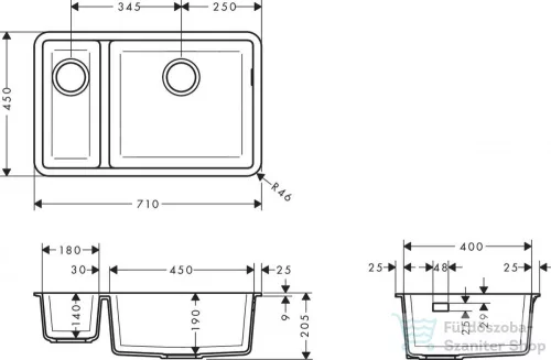 Hansgrohe S51 S510-U635 munkalap alá rögzített mosogató 180/450 két medencével, kőszürke 43433290