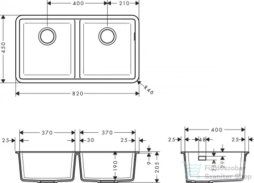Hansgrohe S51 S510-U770 munkalap alá rögzíthető mosogató medence 820x450 mm, grafitfekete 43434170